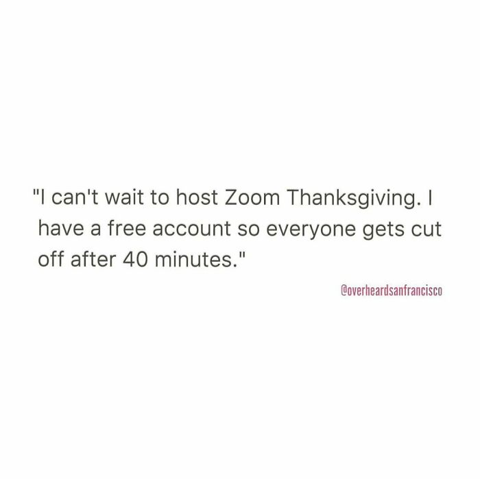 Hilarious private conversation overheard in San Francisco about hosting Zoom Thanksgiving with a free account limit.