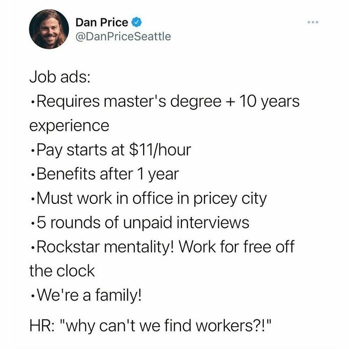 Tweet text highlighting unrealistic job ads and hiring struggles, illustrating work-related memes from this Insta account.