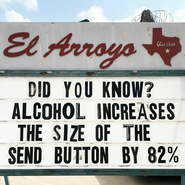 Restaurant sign with funny message about alcohol and send buttons.