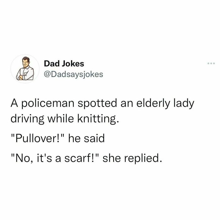 Instagram post from Dad Jokes featuring a pun about a policeman and knitting while driving.