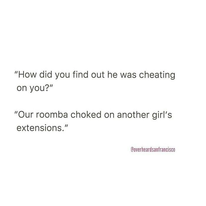 Funny private conversation overheard in San Francisco mentioning cheating discovered by a Roomba on hair extensions.