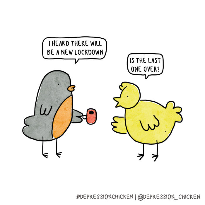 Two cartoon birds talk about lockdowns in a comic style, illustrating themes related to depression and relatable comics.