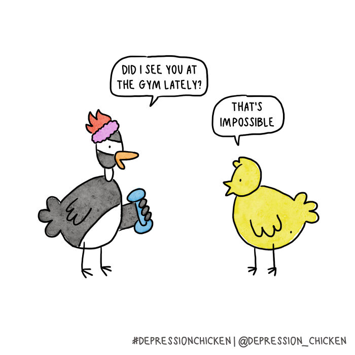 Two cartoon birds having a conversation, illustrating relatable comics about depression and mental health.