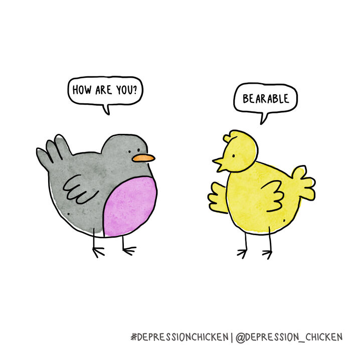 Two cartoon birds in a comic style, with speech bubbles reflecting feelings related to depression and mental health.
