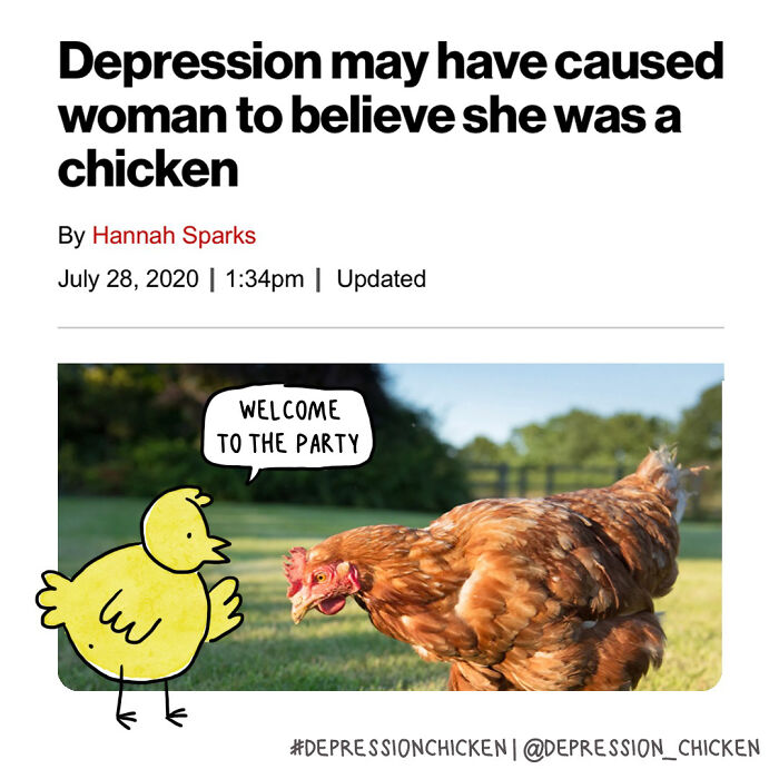 Cartoon and photo of a chicken with a chick saying welcome to the party, relating to depression and comics.