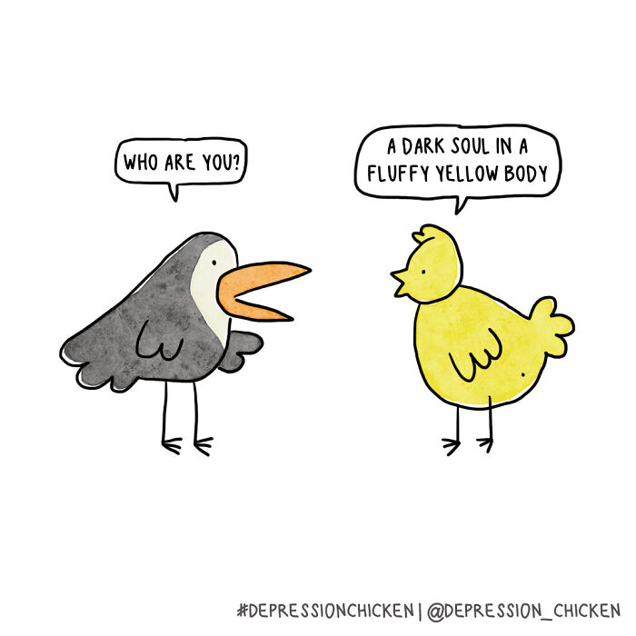 Simple comic with a black bird asking a yellow bird about being a dark soul in a fluffy yellow body, depression comics.
