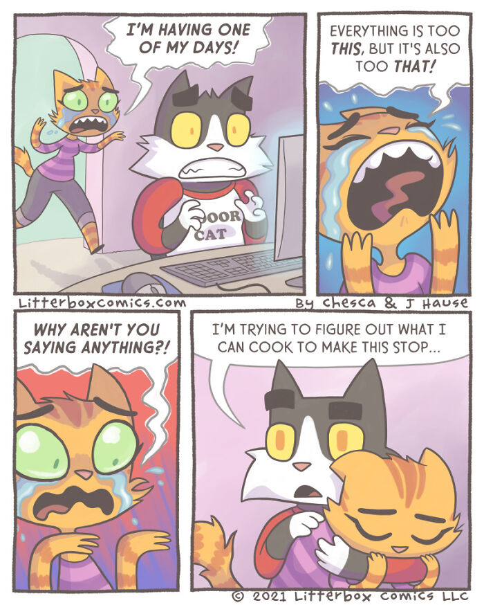 Comic panels depicting a parenting experience with cats, showing emotional moments and a feline twist in humorous illustrations.