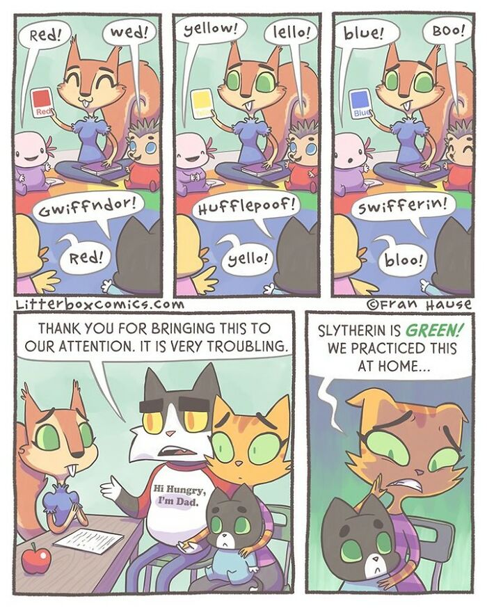 Comic strip featuring parenting experience with cats teaching colors, a dad cat reacting, and a feline twist on Slytherin house colors.