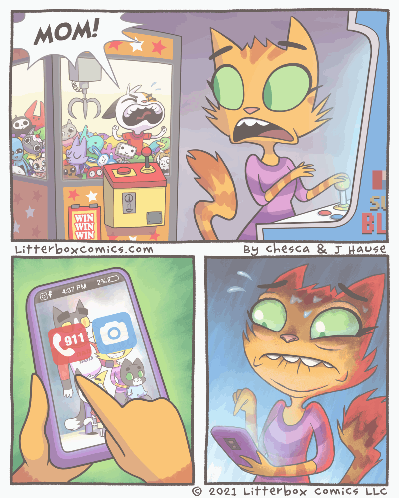 Cat parenting comic panels showing a feline mom reacting to her child in distress and dialing emergency with a worried expression.