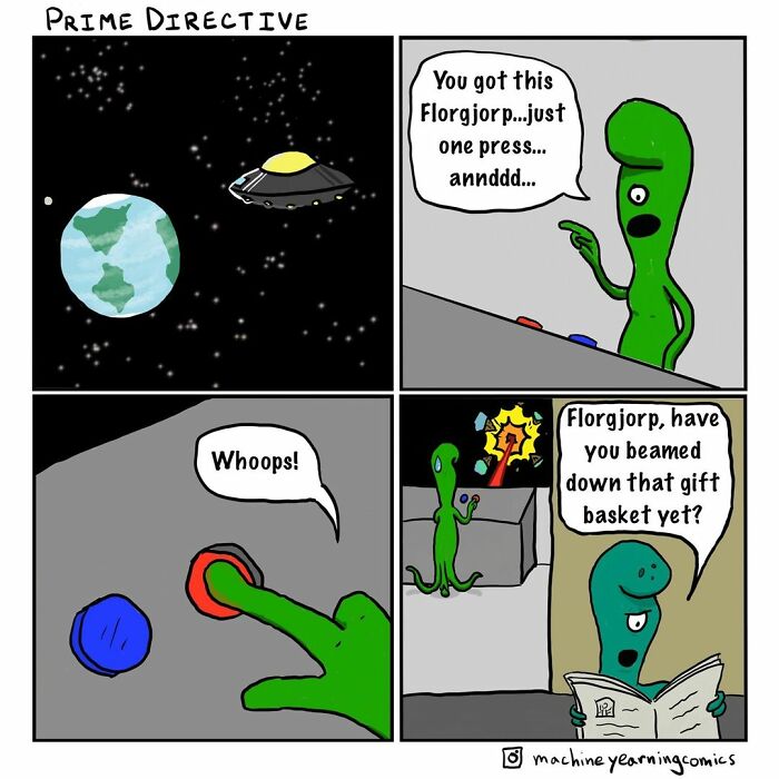 Funny and dark comic panels featuring an alien with unexpected twists in a space-themed setting.