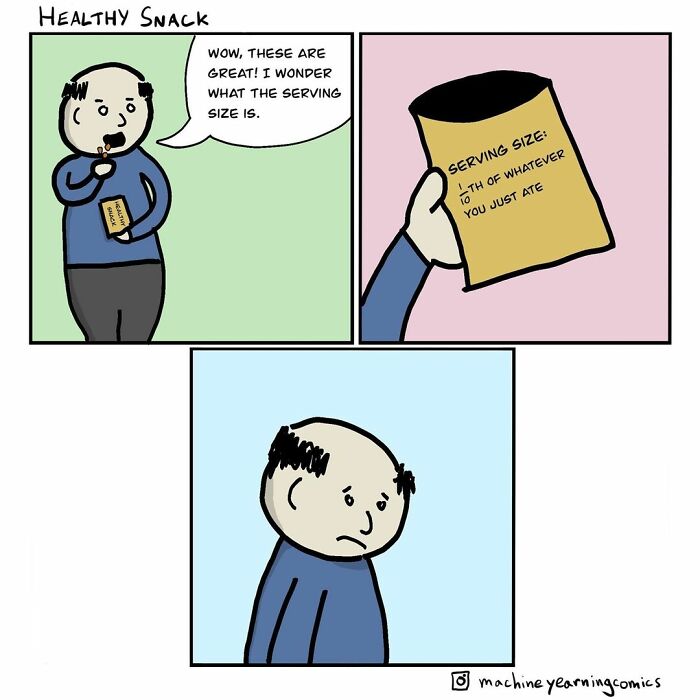 Comic showing a man eating a snack with a dark twist about serving size in funny and dark comics.
