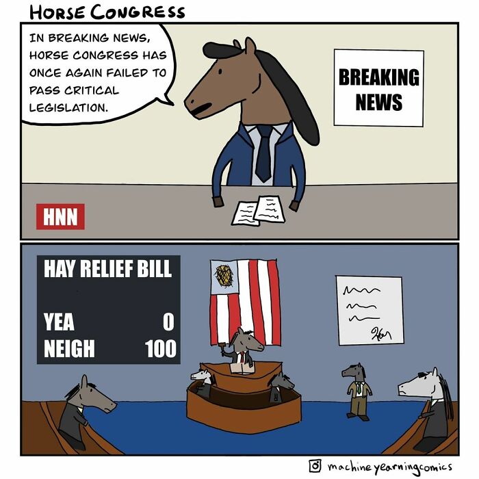 Funny and dark comic showing a horse congress failing legislation with a humorous unexpected twist.