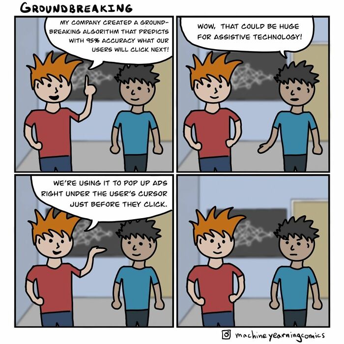 Funny and dark comic strip featuring an unexpected twist about predictive algorithms in technology use.