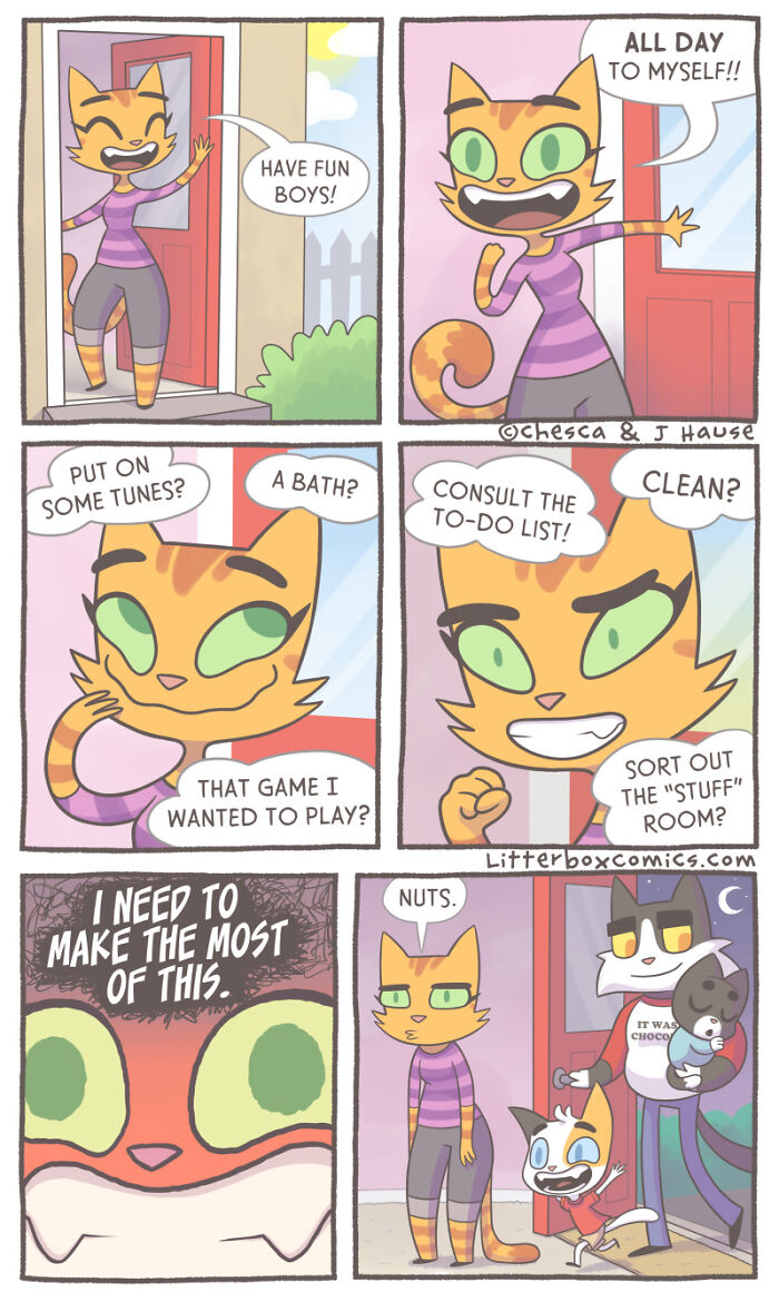 Cartoon cat character humorously contemplating parenting tasks in a comic strip with a feline twist.