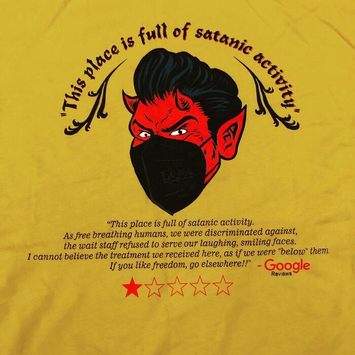 Restaurant Finds This Anti-Masker's 1-Star Review So Ridiculous That They Put It On A T-Shirt And People Are Loving It