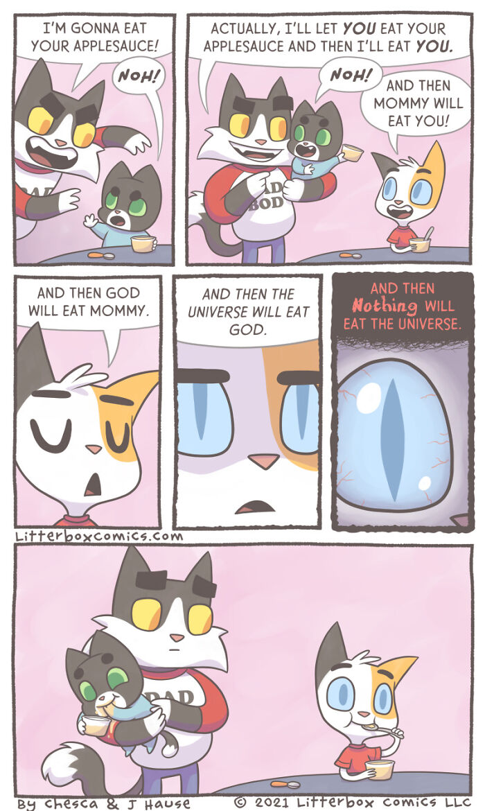 Parenting experience comic with a feline twist showing cats and kittens in a humorous family mealtime scene.