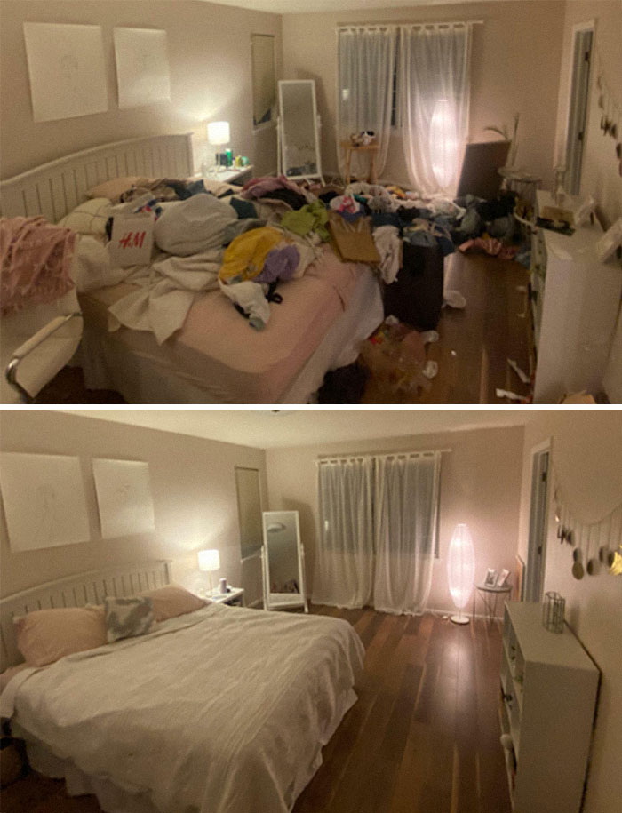 Before and after pics showing a bedroom transformation from messy clutter to clean and organized space after cleaning up.
