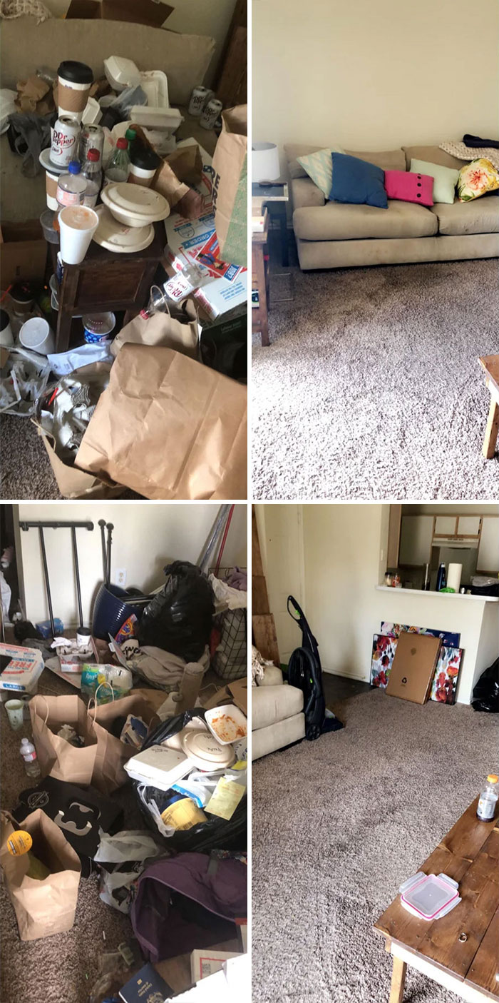 Before and after photos showing people cleaning up cluttered rooms into neat, organized living spaces with clean carpets and furniture.