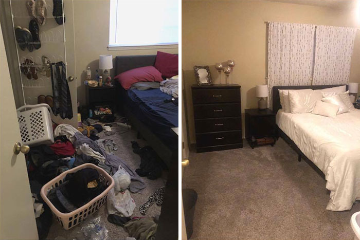 Before and after bedroom cleaning showing cluttered floor with laundry transformed into a neat, organized sleeping space.