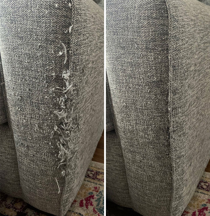 Side-by-side before and after pics of a gray fabric couch arm showing damage and cleaned up restoration.