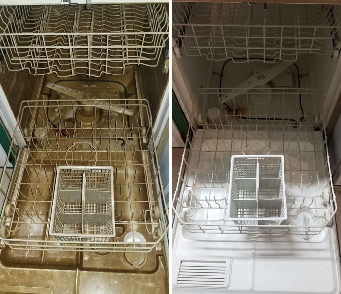 Before and after pics of dishwasher interior showing dramatic cleaning transformation from dirty to spotless condition.