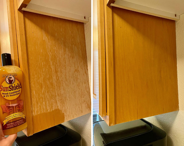 Before and after cleaning wood cabinet using SunShield wood conditioner showing restored natural wood finish and shine.