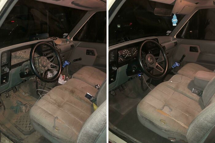 Before and after pics of a vehicle interior showing significant cleaning and removal of dirt and clutter from seats and floor.