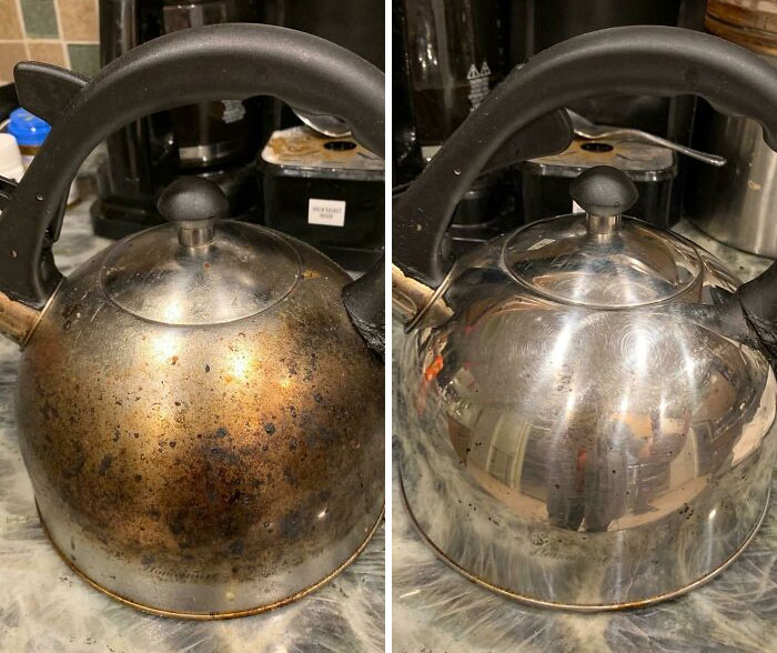 Before and after cleaning photos showing a dirty kettle transformed into a shiny, spotless kettle by people cleaning up.