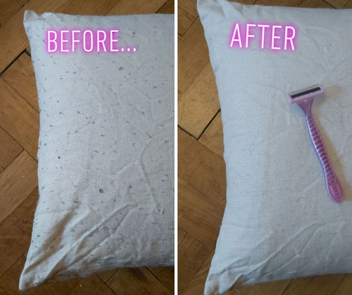 Before and after pics showing fabric cleaning results with a razor used to remove pilling and lint from a cushion surface.