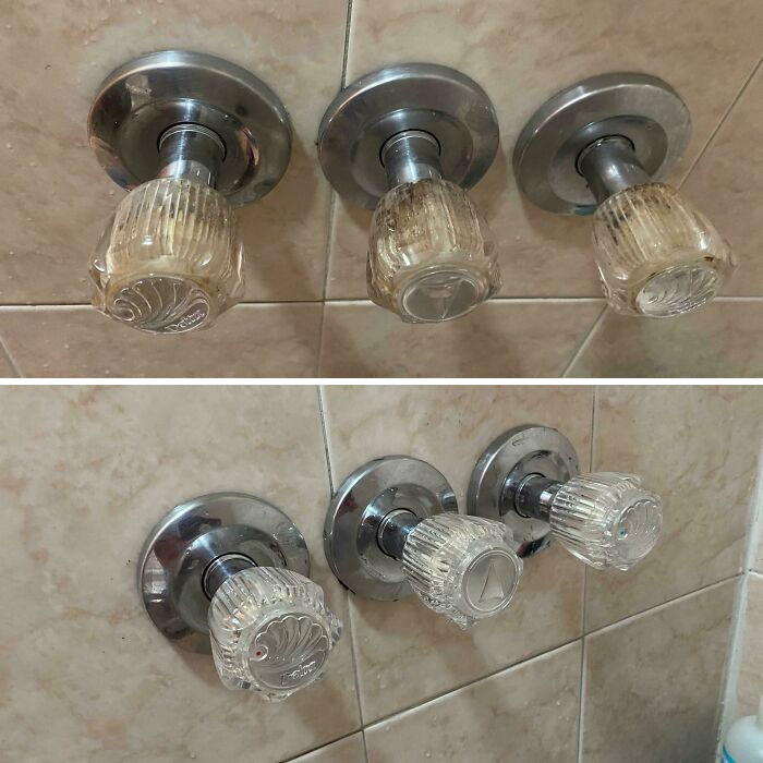 Clear before and after pics of bathroom faucet knobs showing grime removal in a cleaning up transformation.