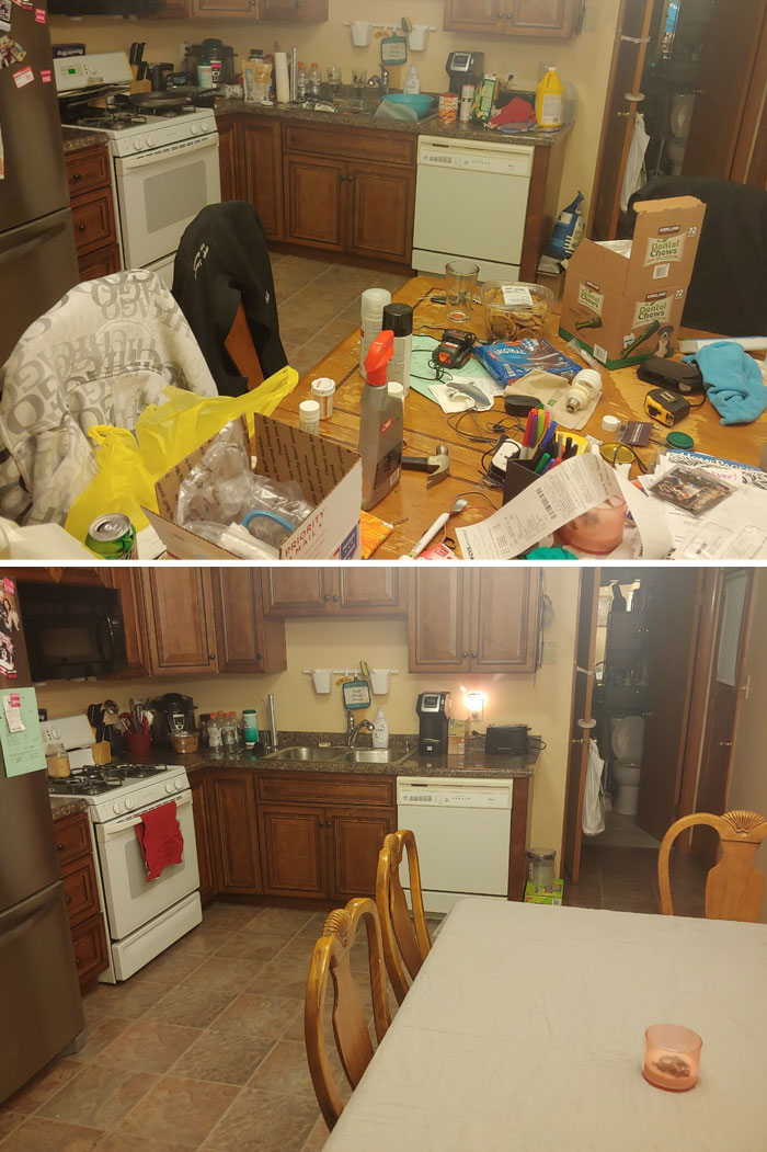 Before and after kitchen cleaning showing a cluttered messy table transformed into a clean and organized dining area.