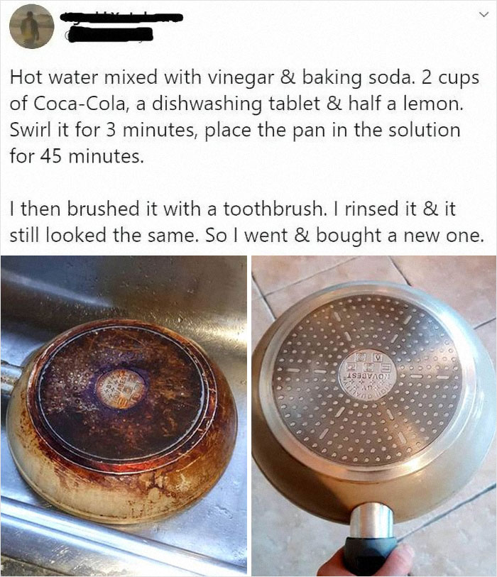 Before and after cleaning photos showing a heavily stained pan and a shiny, cleaned pan in a kitchen sink.