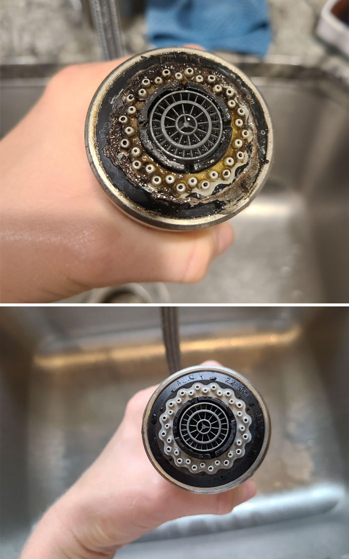 Before and after pics showing a faucet aerator clogged with dirt and grime, then cleaned and restored to normal condition.