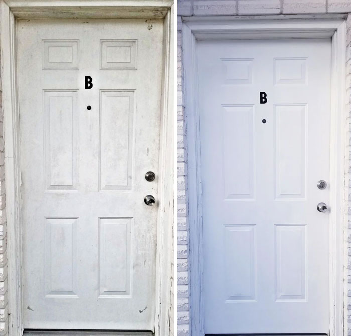 Before and after cleaning photos showing a white door restored from dirty to clean in a home cleanup transformation.