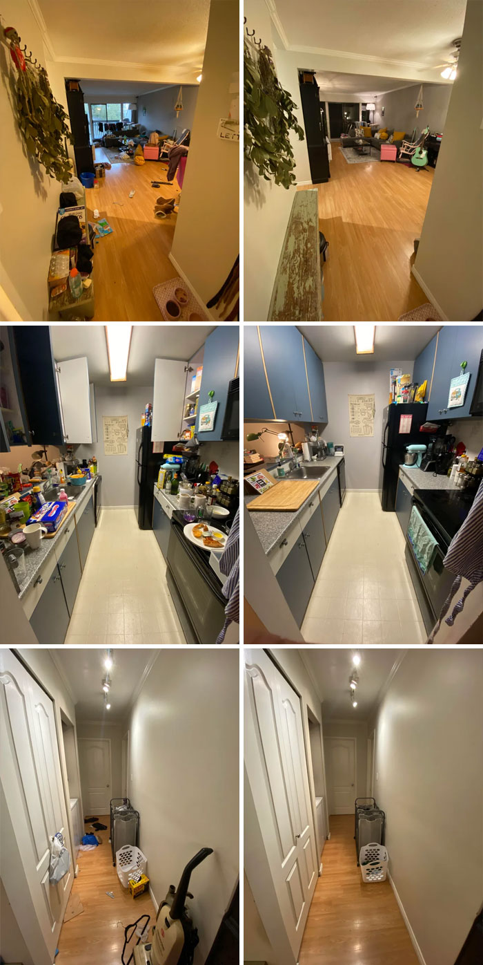 Before and after pics of home cleaning showing organized living room, kitchen, and hallway with clutter removed and floors cleaned.