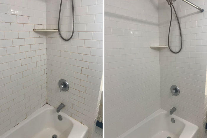 Before and after cleaning up bathroom tiles and bathtub, showing the transformation from dirty to spotless and bright surfaces.