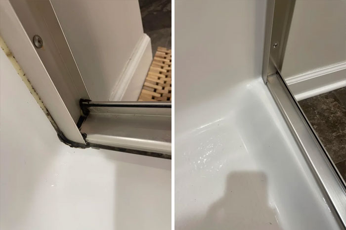 Before and after pics of cleaning up shower corner showing removal of grime and mold for a fresh look.