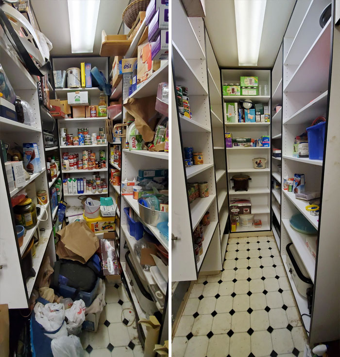 Before and after photos showing a pantry cleaning up with shelves decluttered and organized for better storage.