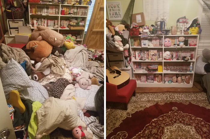 Before and after pics showing a cluttered room transformed into a clean, organized space with toys and books neatly arranged.