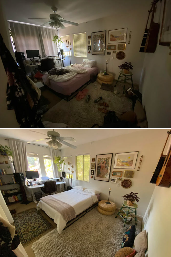 Before and after pics of a bedroom cleaning up showing a cluttered messy room transformed into a tidy and bright space.