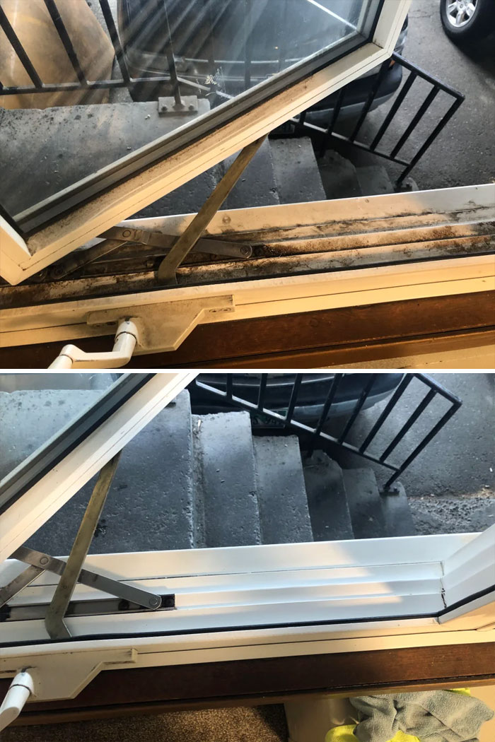 Before and after pics of a window frame being cleaned, showing removal of dirt and grime for a spotless finish.