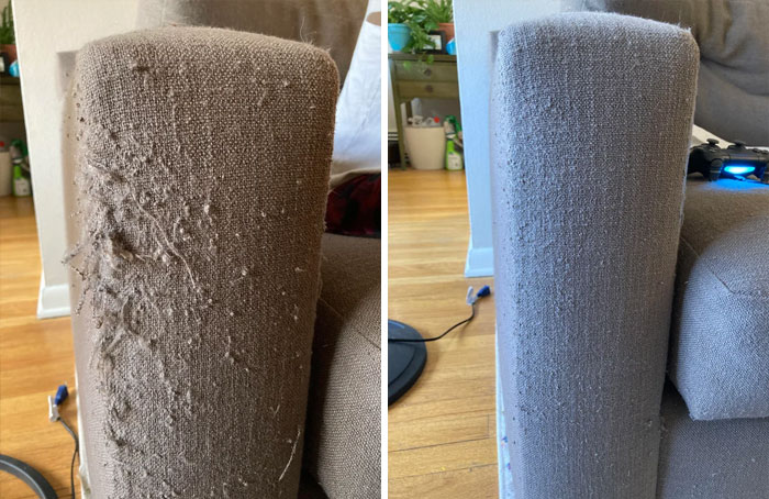 Before and after cleaning showing a heavily worn and damaged sofa armrest restored to a much cleaner condition.