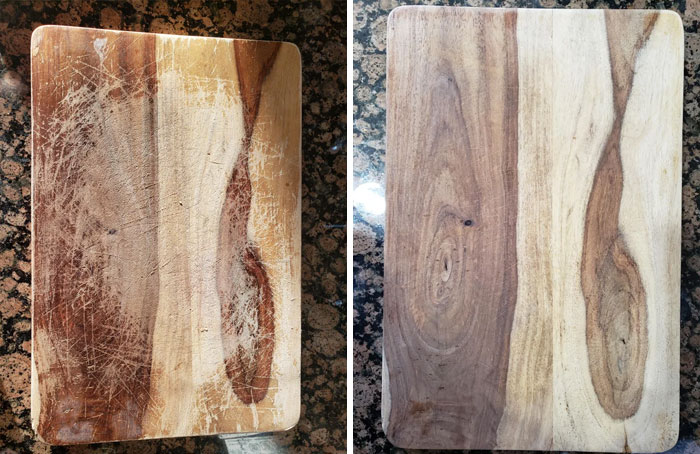 Before and after photos of a wooden cutting board showing the dramatic cleaning and restoration transformation.