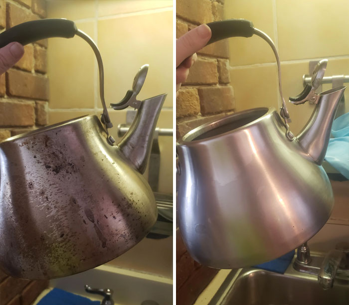 Before and after pics of a kettle showing dramatic cleaning results and removal of grime and stains.