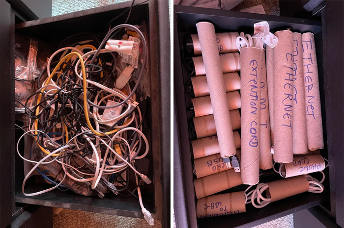 Drawer before and after cleaning with cables organized and labeled using cardboard tubes for neat storage.