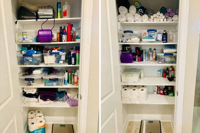 Before And After Of My Bathroom Closet. Purged, Cleaned, And Reorganized. I Feel So Good About It!