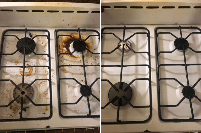 Before and after pics showing a gas stove transformed from dirty and greasy to spotless and clean.