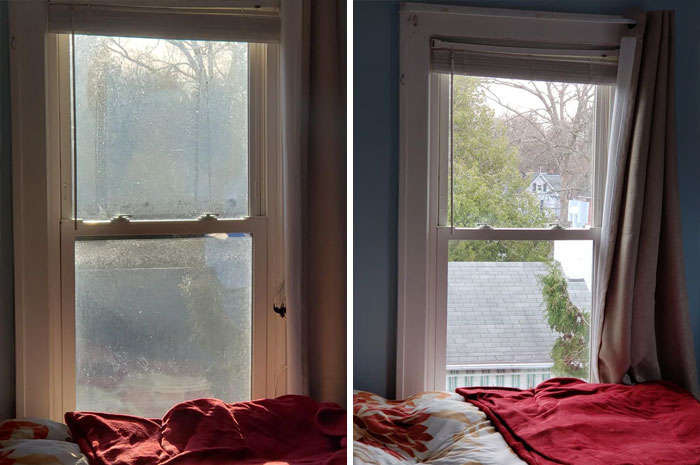 Before and after cleaning up a bedroom window, showing the difference in clarity and brightness outside the window.
