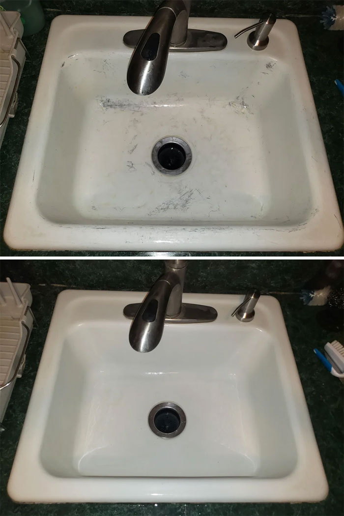 Before and after pics of a sink cleaning up, showing removal of stains and restored white surface in a bathroom setting.