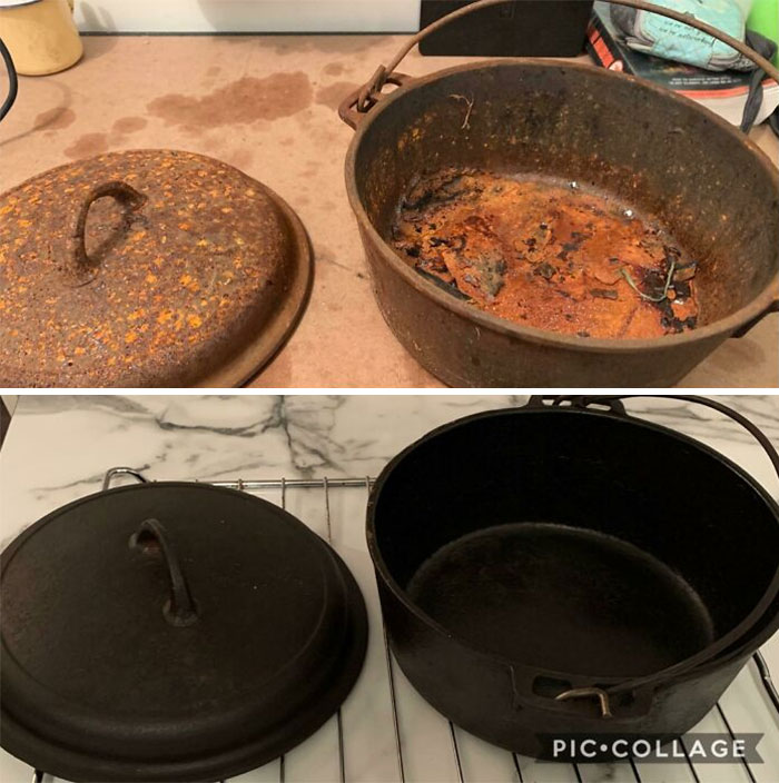 Rusty cast iron pot and lid before and after cleaning, showcasing dramatic restoration and removal of rust and debris.